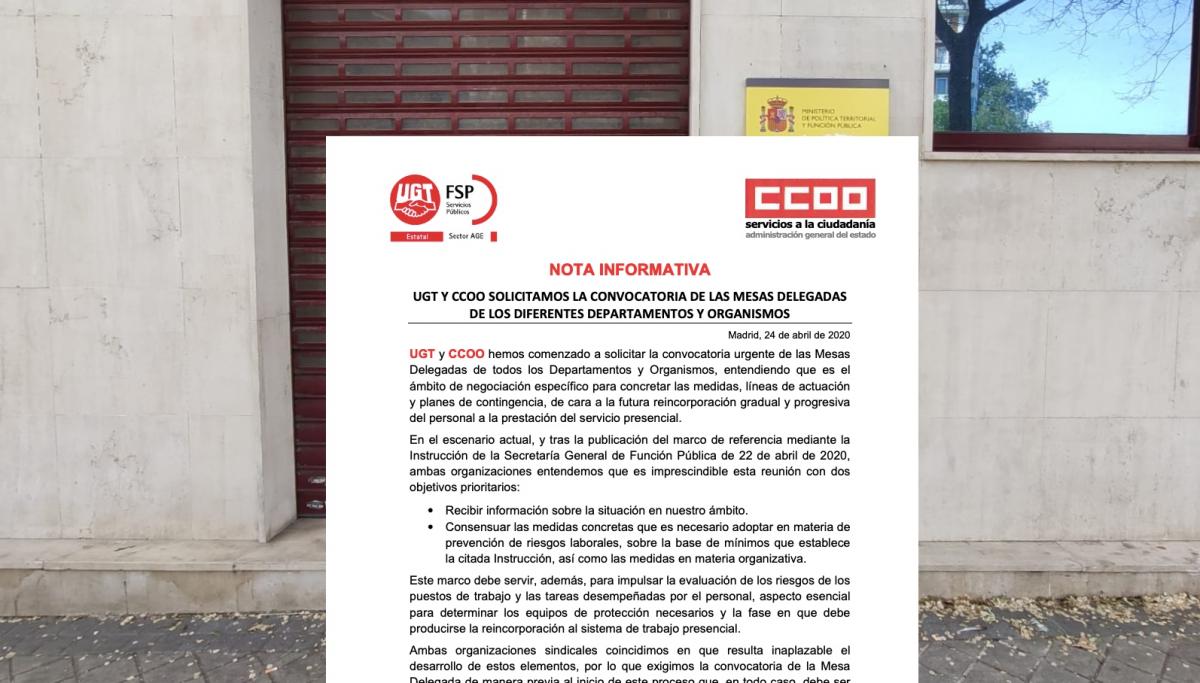 Nota conjunta de CCOO y UGT solicitando la convocatoria de las Mesas Delegadas en la AGE