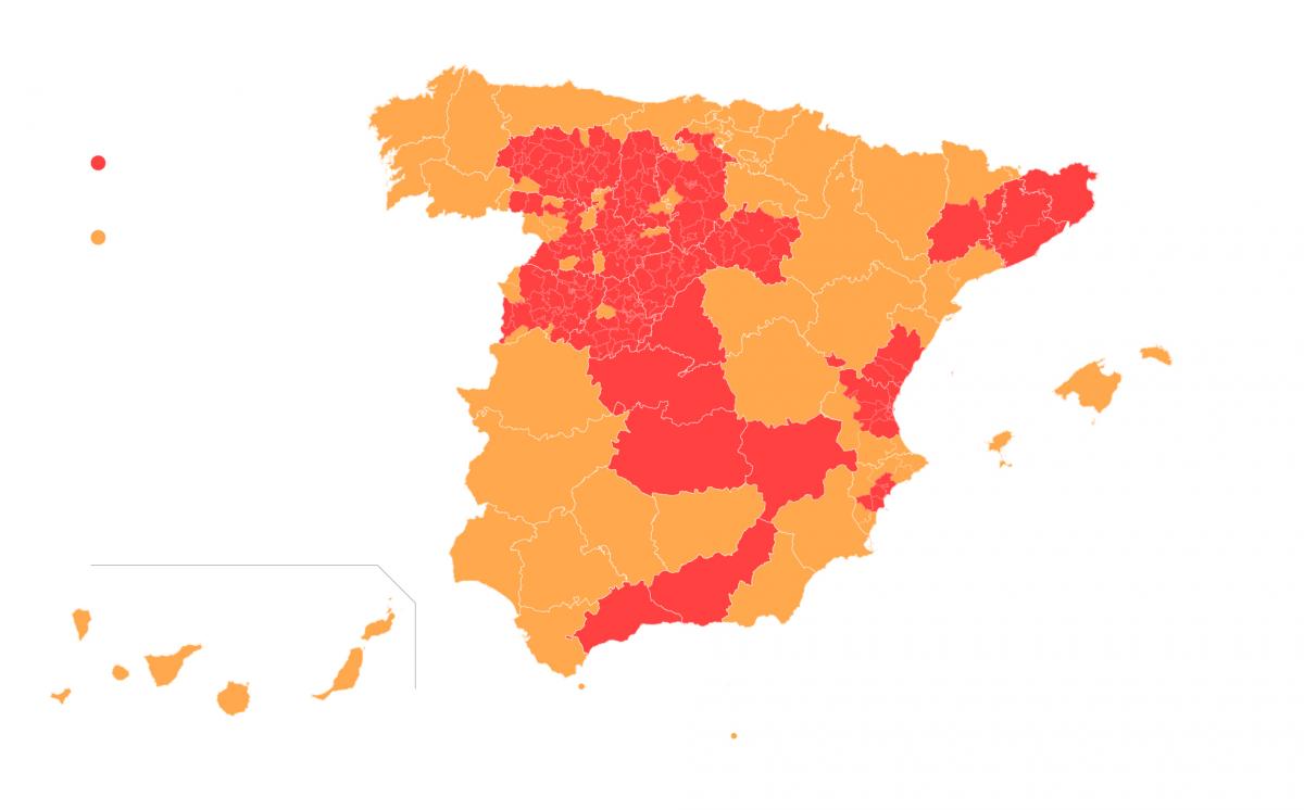 Mapa con el paso a Fase 1 de los territorios coloreados en naranja. En rojo, los que se mantienen en fase 0.