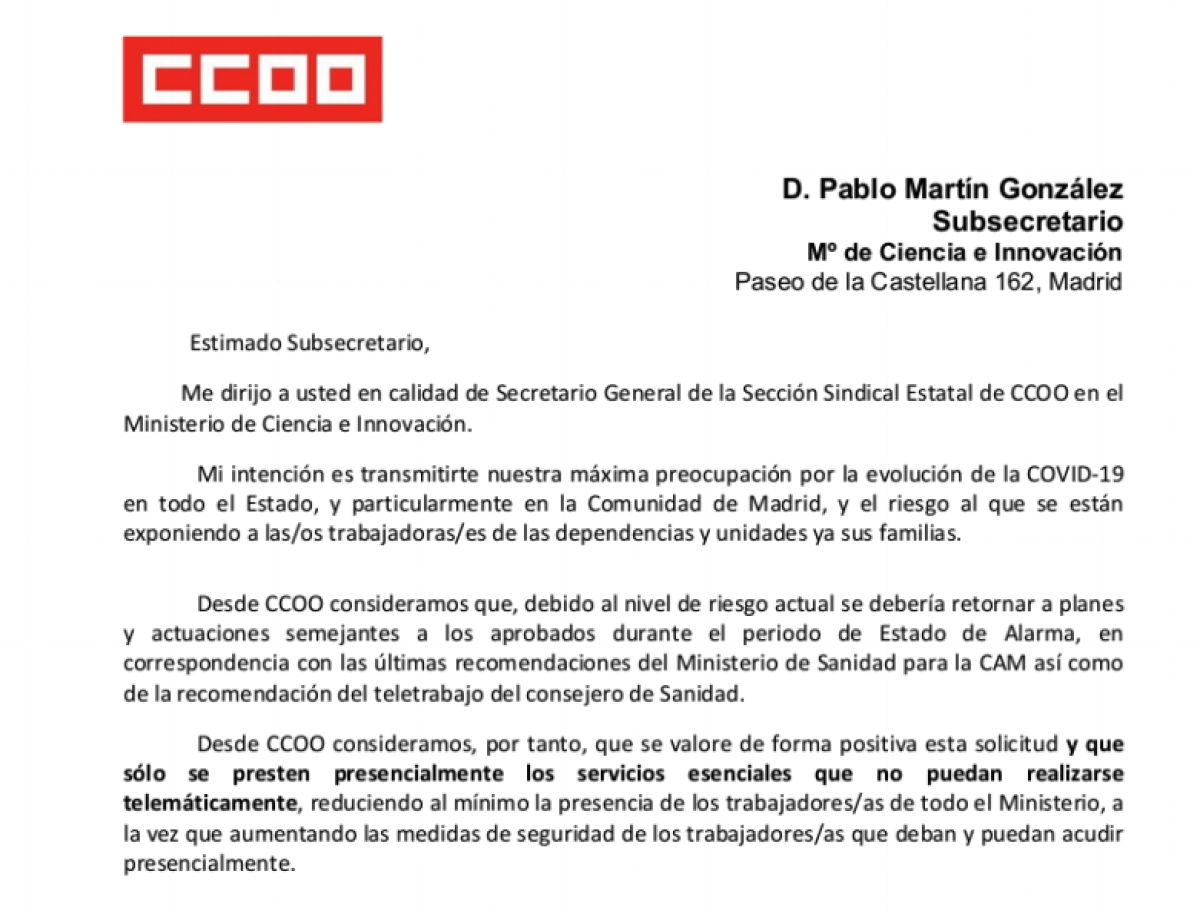 Escrito al Subsecretario del Ministerio de Ciencia e Innovación