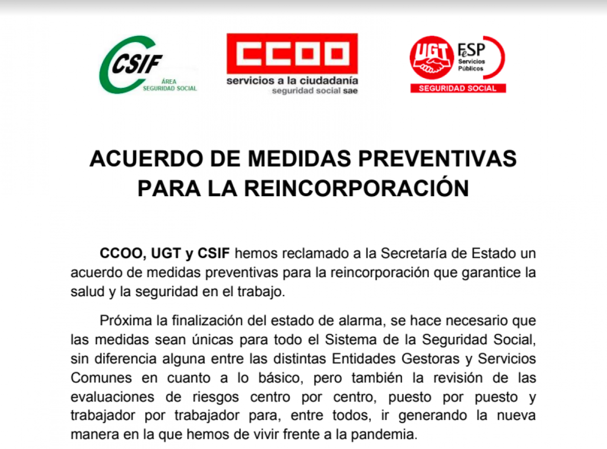 Acuerdo de medidas preventivas para la reincorporación