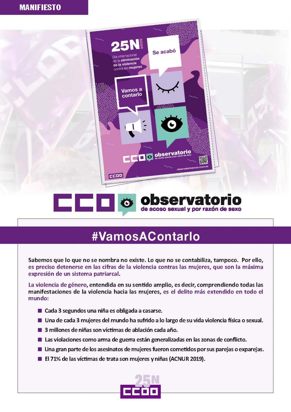 Manifiesto de CCOO ante el 25 de Noviembre de 2023: Día Internacional de la Eliminación de la Violencia hacia las Mujeres.