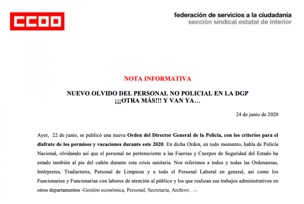 Nota de SSE de CCOO en Interior