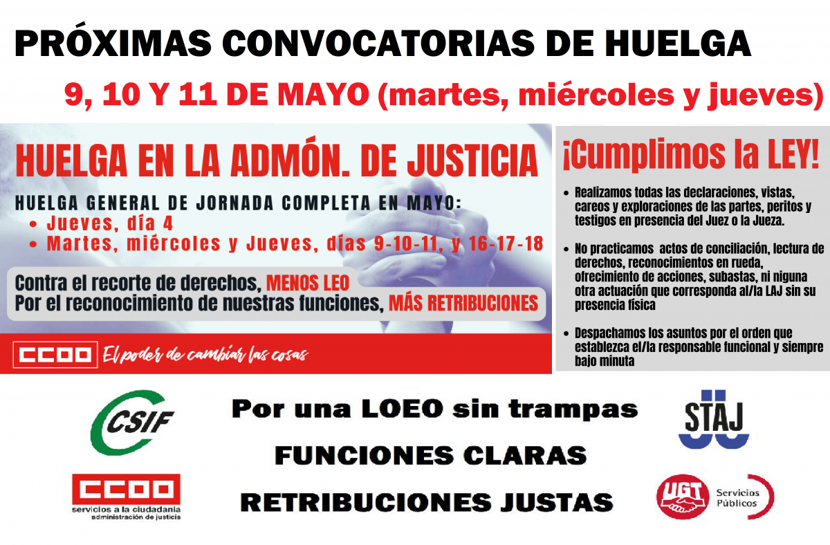 Huelga en la Administración de Justicia próximas convocatorias mayo